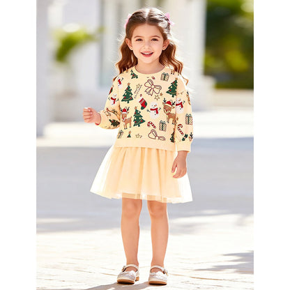 Baby Kids Girls Princess Christmas Cartoon Pattern Long Sleeves Dress