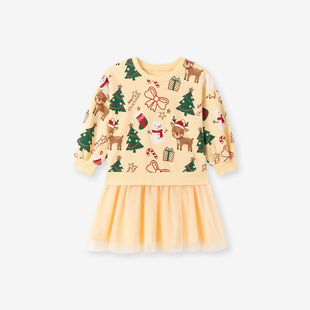 Baby Kids Girls Princess Christmas Cartoon Pattern Long Sleeves Dress