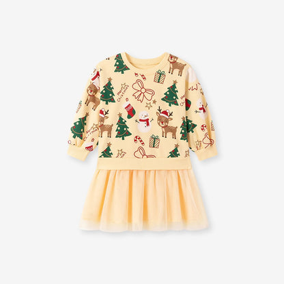 Baby Kids Girls Princess Christmas Cartoon Pattern Long Sleeves Dress