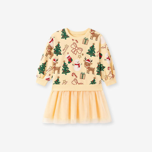 Baby Kids Girls Princess Christmas Cartoon Pattern Long Sleeves Dress