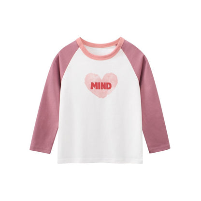Kids Girls Letters and Heart Print Crew Neck Color Patchwork Long Sleeves Top
