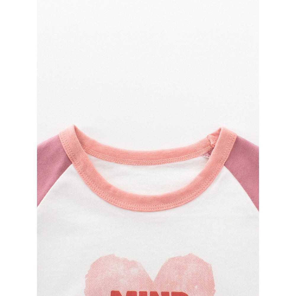 Kids Girls Letters and Heart Print Crew Neck Color Patchwork Long Sleeves Top