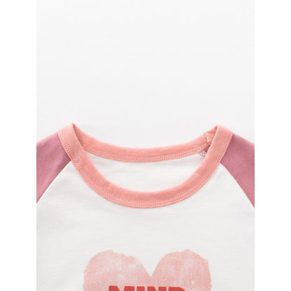 Kids Girls Letters and Heart Print Crew Neck Color Patchwork Long Sleeves Top