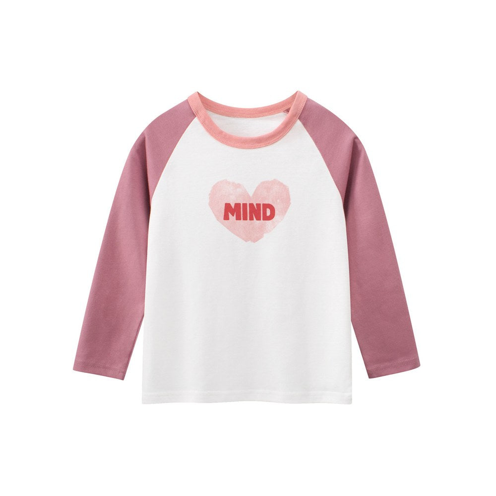 Kids Girls Letters and Heart Print Crew Neck Color Patchwork Long Sleeves Top