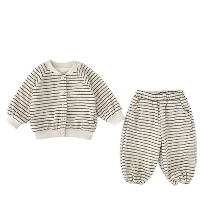 Baby Kids Boys Long Sleeves Striped Fluffy Coat and Pants 2-Piece Set