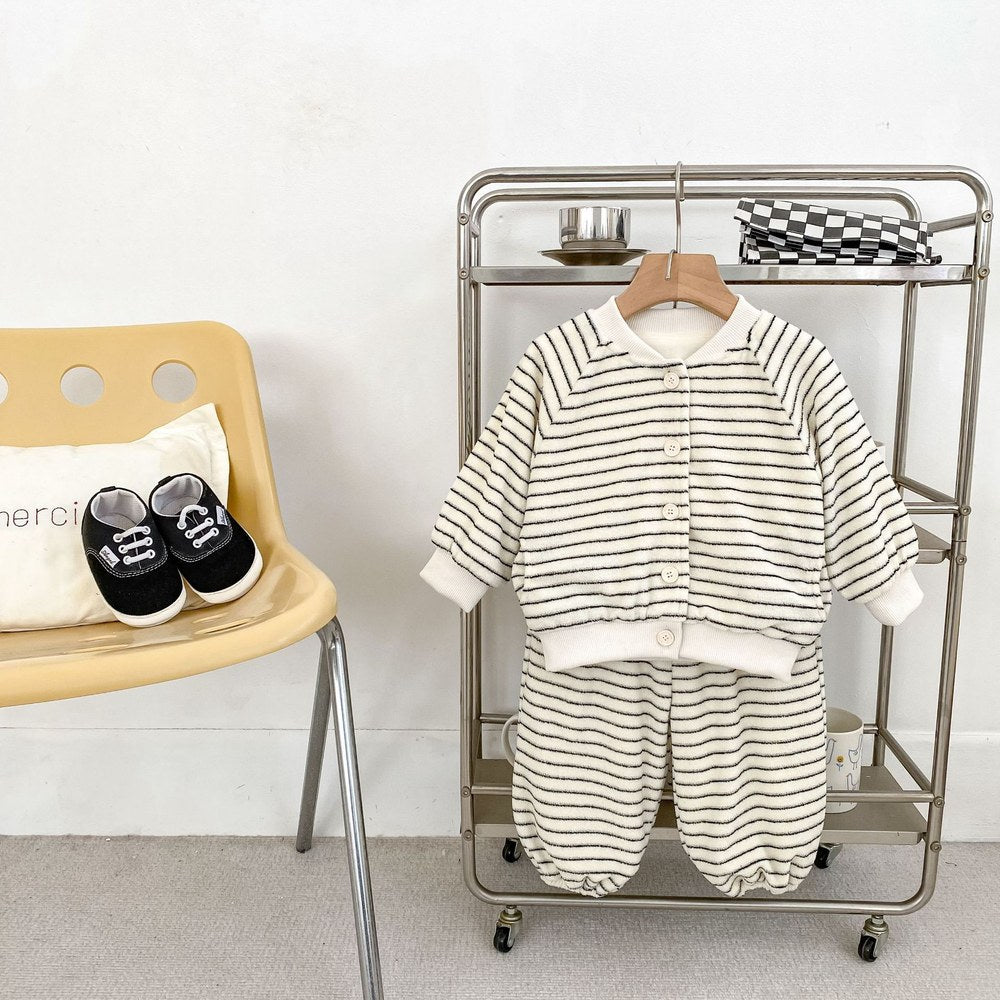 Baby Kids Boys Long Sleeves Striped Fluffy Coat and Pants 2-Piece Set