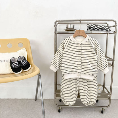 Baby Kids Boys Long Sleeves Striped Fluffy Coat and Pants 2-Piece Set