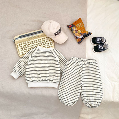 Baby Kids Boys Long Sleeves Striped Fluffy Coat and Pants 2-Piece Set
