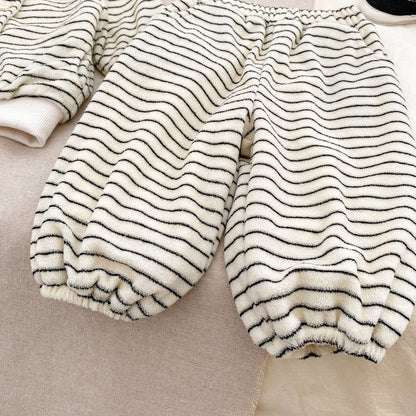 Baby Kids Boys Long Sleeves Striped Fluffy Coat and Pants 2-Piece Set