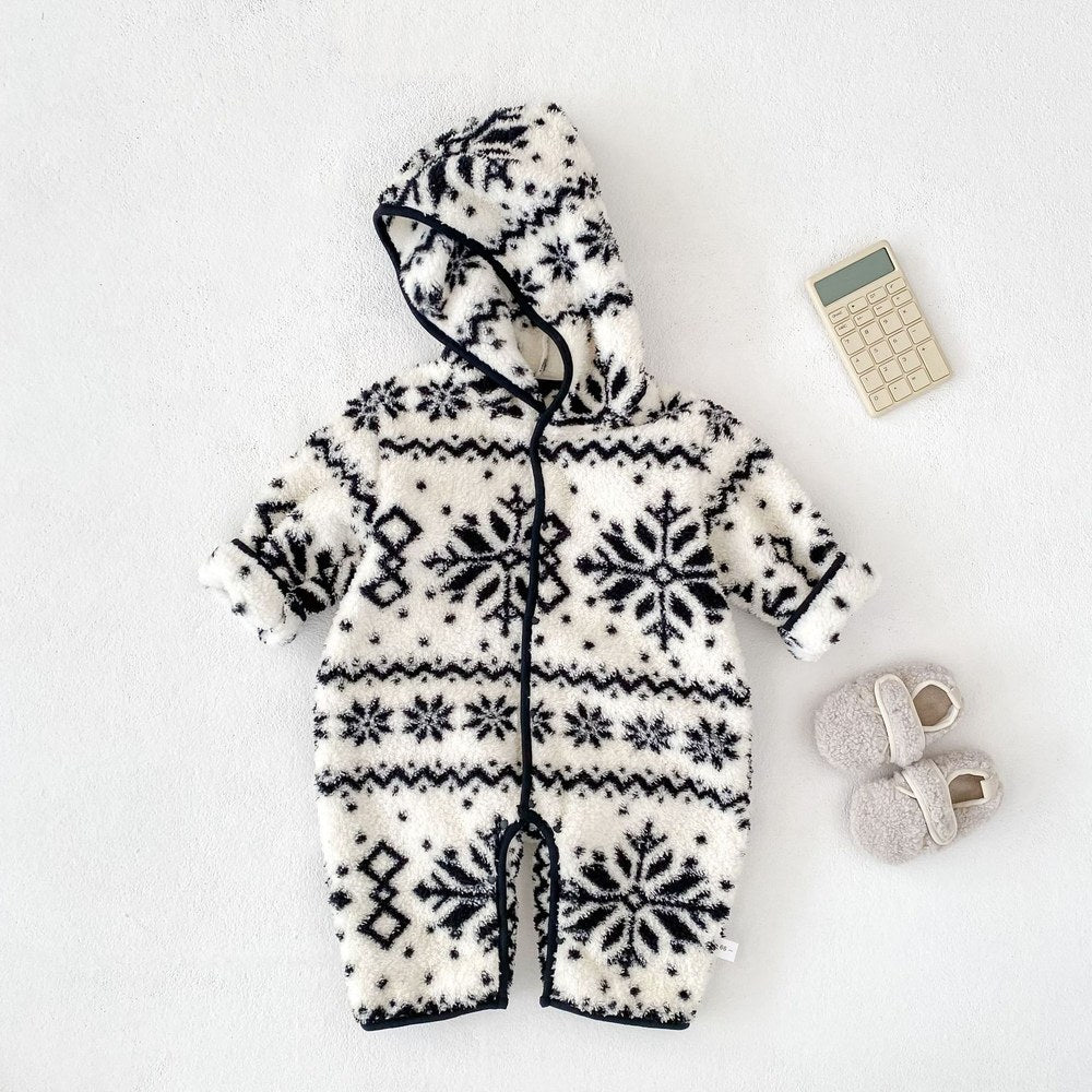 Baby Long Sleeves Vintage Snowflake Pattern Fluffy Warm Rompers