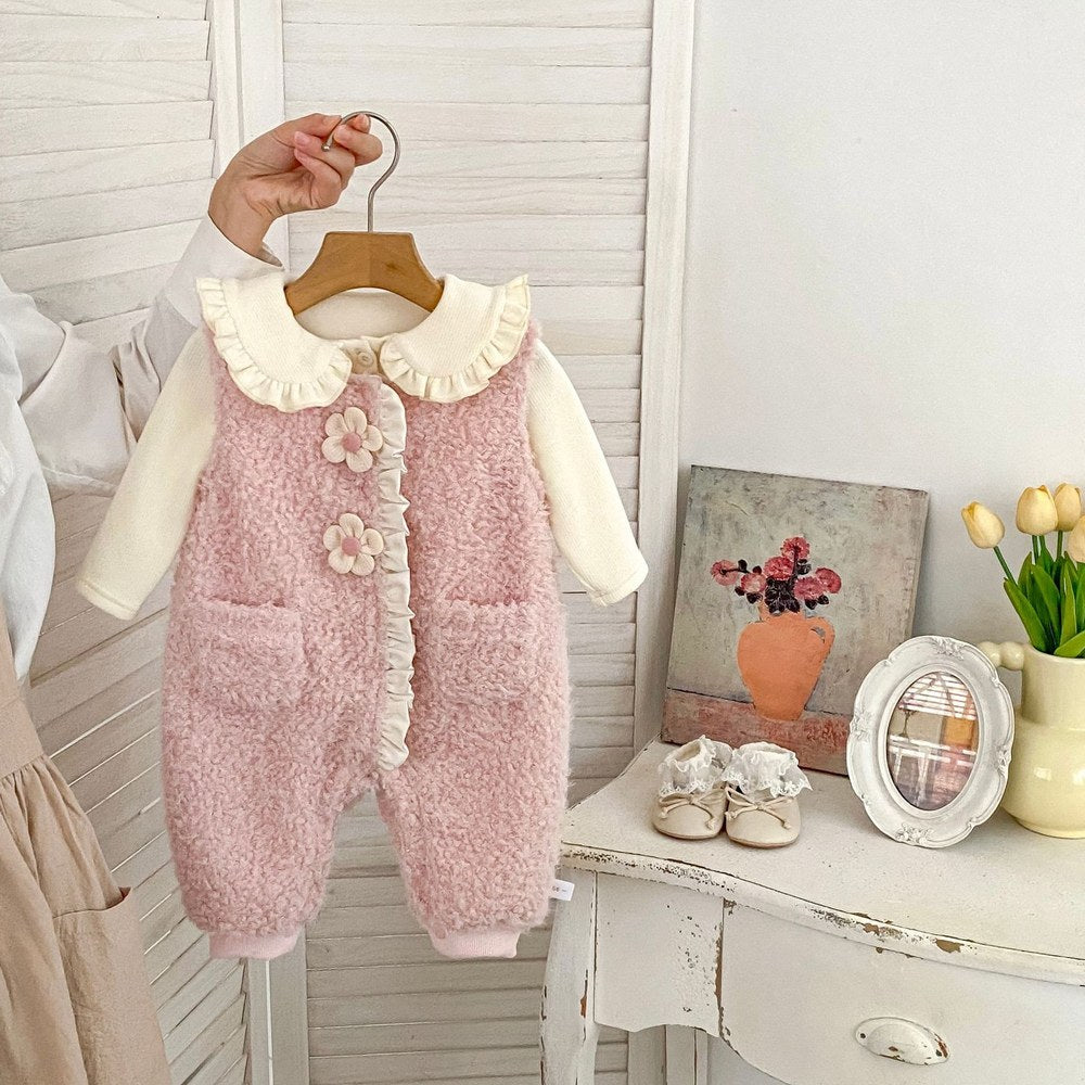 Baby Kids Girls Long Sleeves Apricot Top and Fluffy Sleeveless Rompers 2-Piece Clothing Set