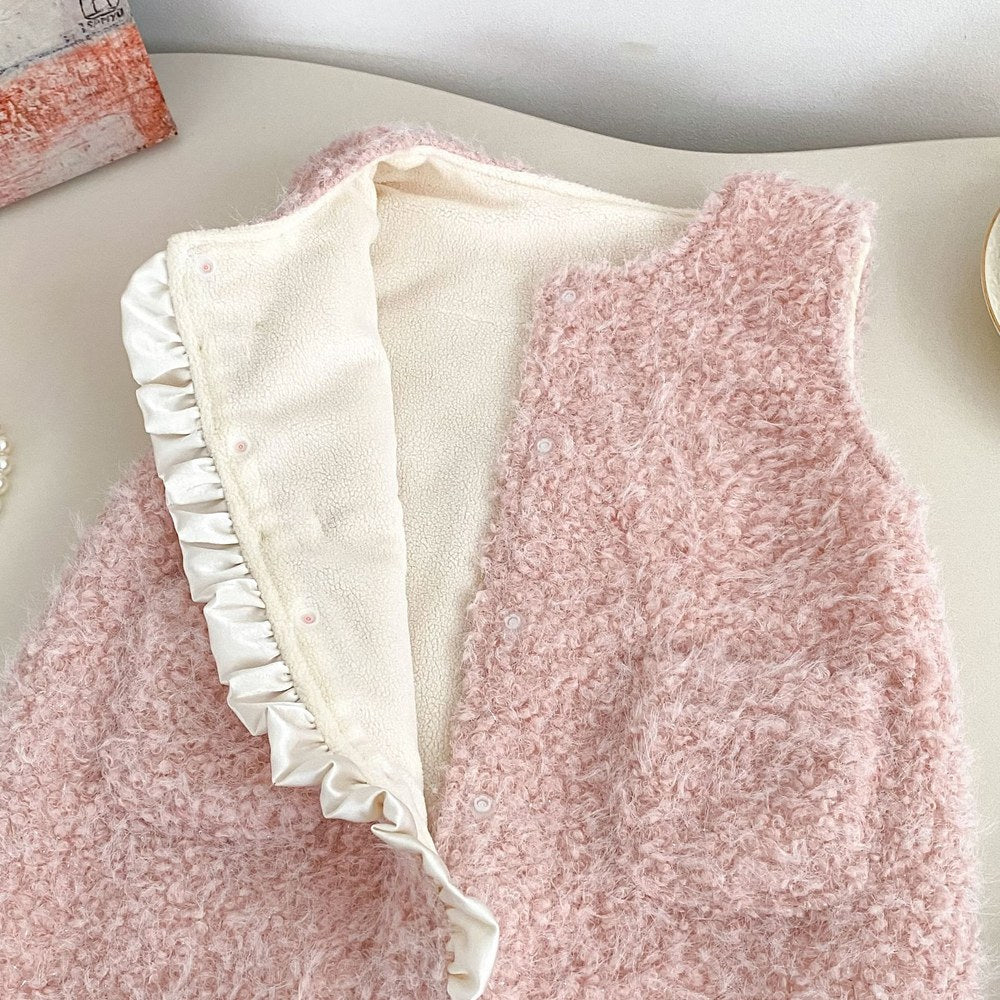 Baby Kids Girls Long Sleeves Apricot Top and Fluffy Sleeveless Rompers 2-Piece Clothing Set