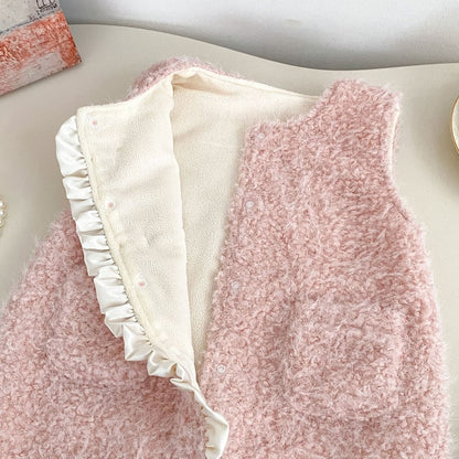 Baby Kids Girls Long Sleeves Apricot Top and Fluffy Sleeveless Rompers 2-Piece Clothing Set