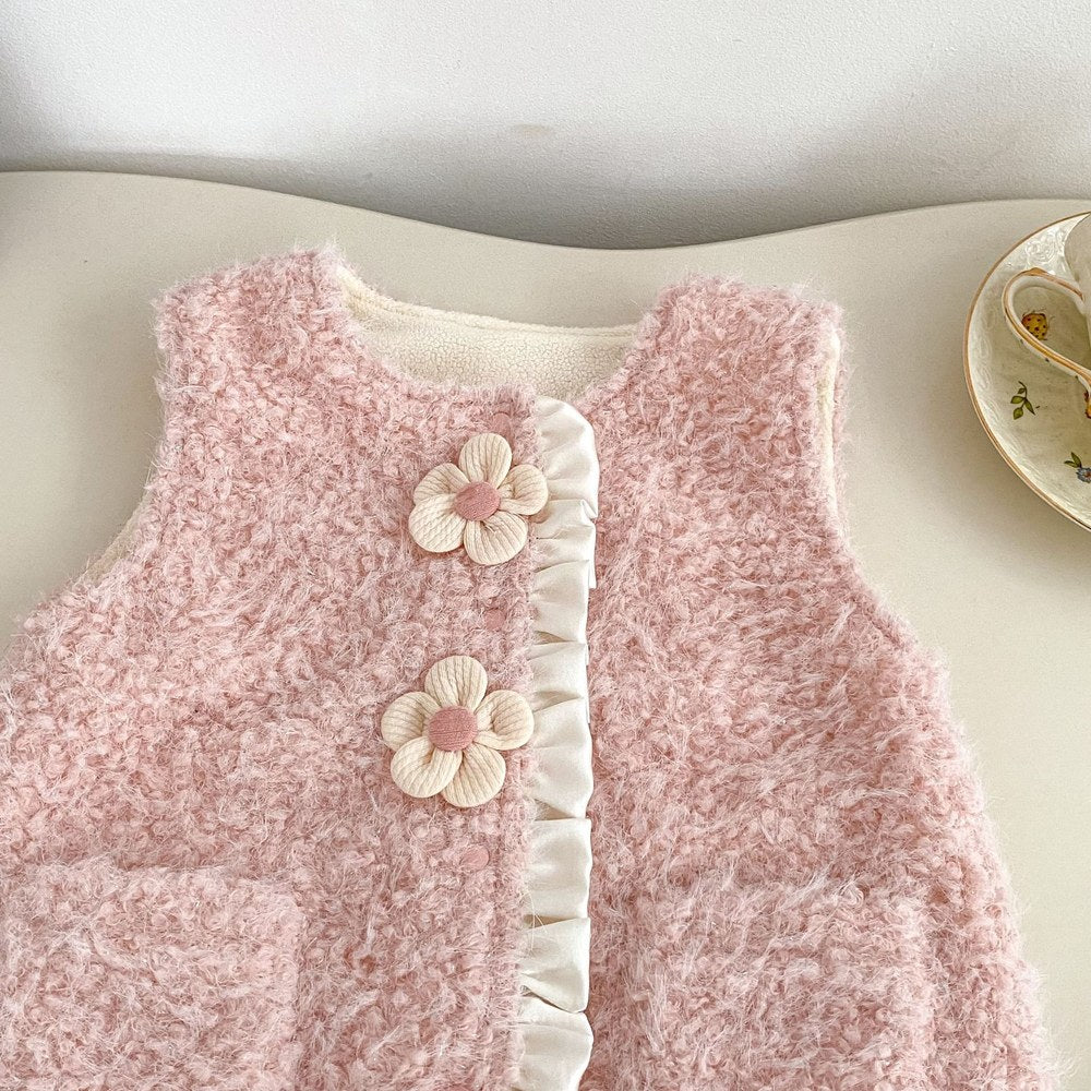Baby Kids Girls Long Sleeves Apricot Top and Fluffy Sleeveless Rompers 2-Piece Clothing Set