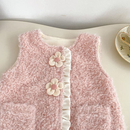 Baby Kids Girls Long Sleeves Apricot Top and Fluffy Sleeveless Rompers 2-Piece Clothing Set