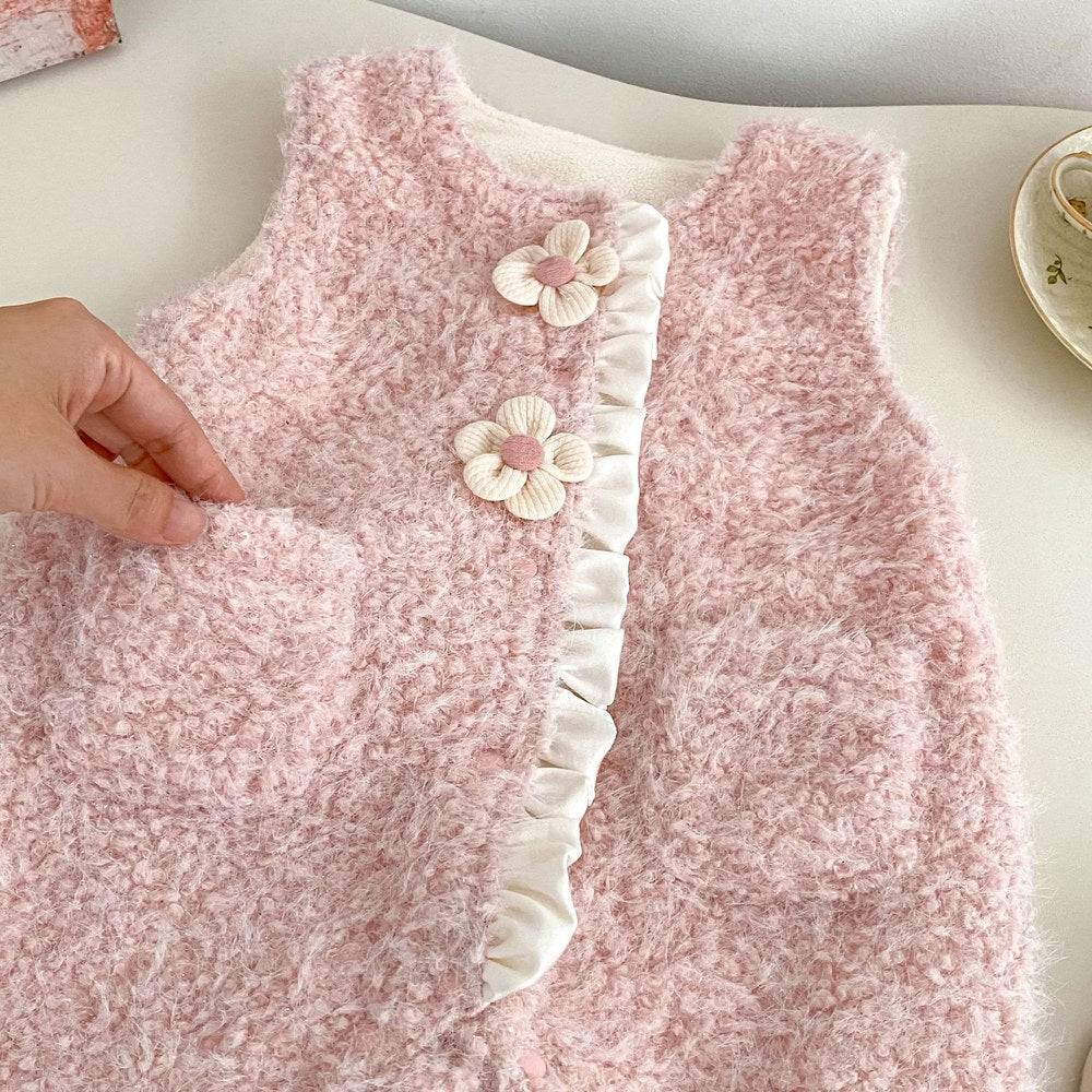 Baby Kids Girls Long Sleeves Apricot Top and Fluffy Sleeveless Rompers 2-Piece Clothing Set