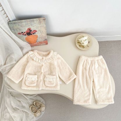 Baby Kids Girls Long Sleeves Solid Color Top and Pants 2-Piece Fluffy Warm Pajamas Clothing Sets