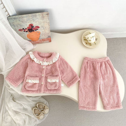 Baby Kids Girls Long Sleeves Solid Color Top and Pants 2-Piece Fluffy Warm Pajamas Clothing Sets