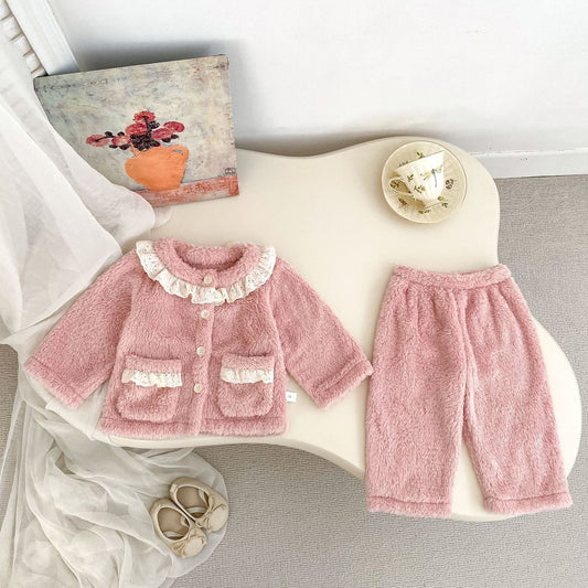 Baby Kids Girls Long Sleeves Solid Color Top and Pants 2-Piece Fluffy Warm Pajamas Clothing Sets