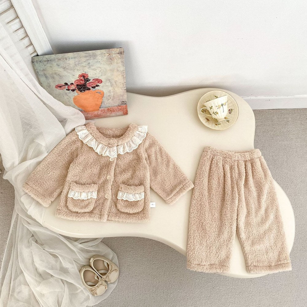 Baby Kids Girls Long Sleeves Solid Color Top and Pants 2-Piece Fluffy Warm Pajamas Clothing Sets