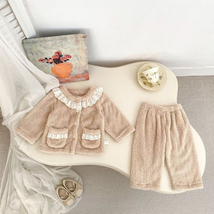 Baby Kids Girls Long Sleeves Solid Color Top and Pants 2-Piece Fluffy Warm Pajamas Clothing Sets