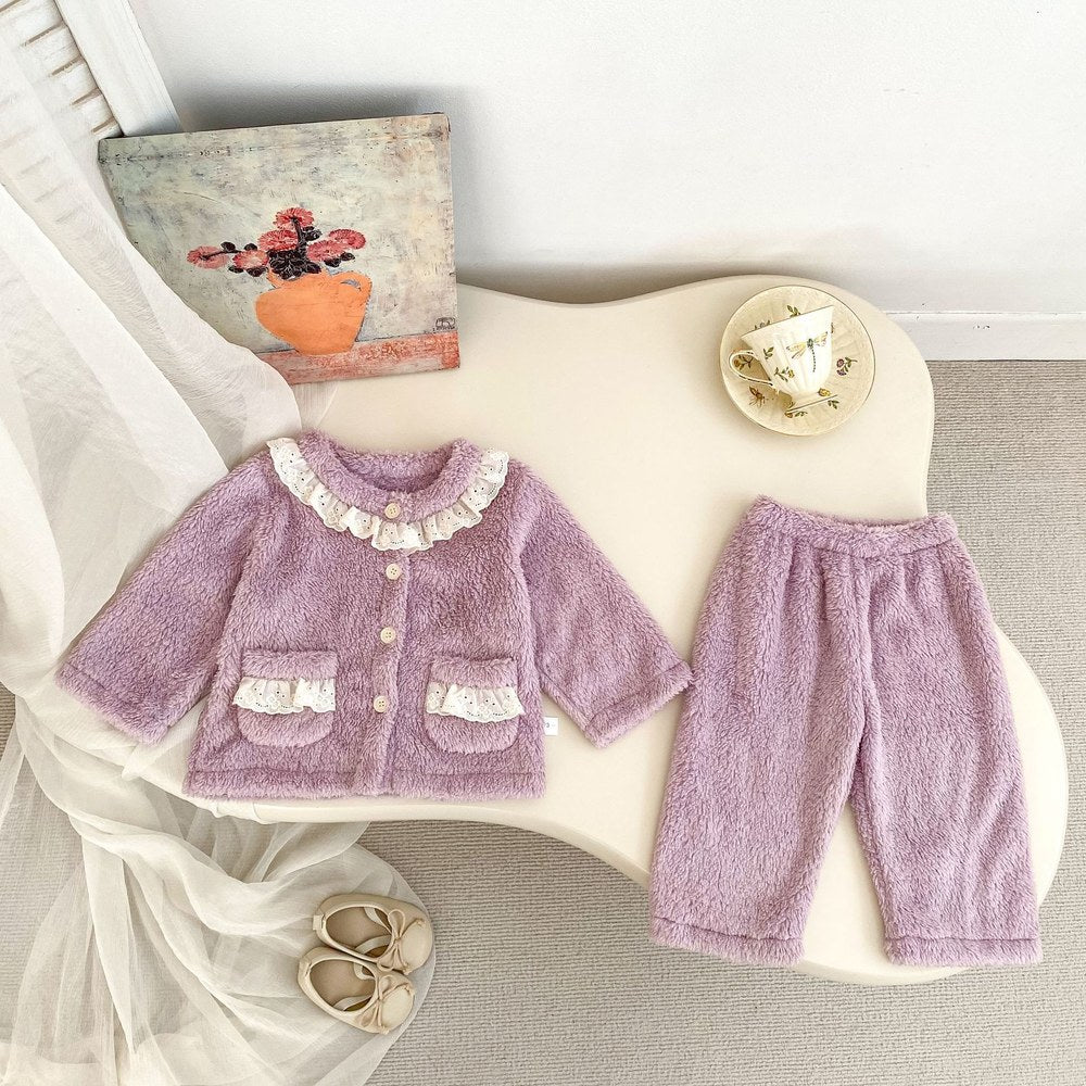 Baby Kids Girls Long Sleeves Solid Color Top and Pants 2-Piece Fluffy Warm Pajamas Clothing Sets