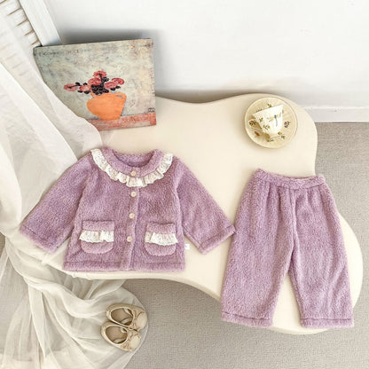 Baby Kids Girls Long Sleeves Solid Color Top and Pants 2-Piece Fluffy Warm Pajamas Clothing Sets