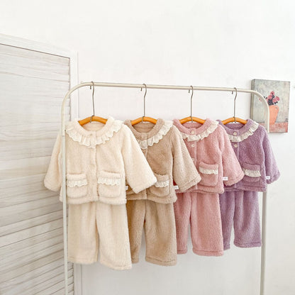 Baby Kids Girls Long Sleeves Solid Color Top and Pants 2-Piece Fluffy Warm Pajamas Clothing Sets