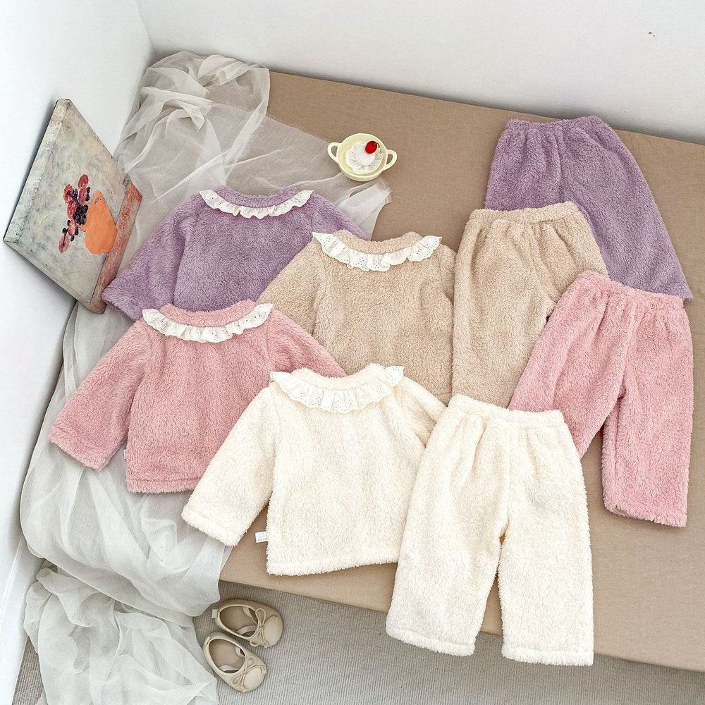 Baby Kids Girls Long Sleeves Solid Color Top and Pants 2-Piece Fluffy Warm Pajamas Clothing Sets