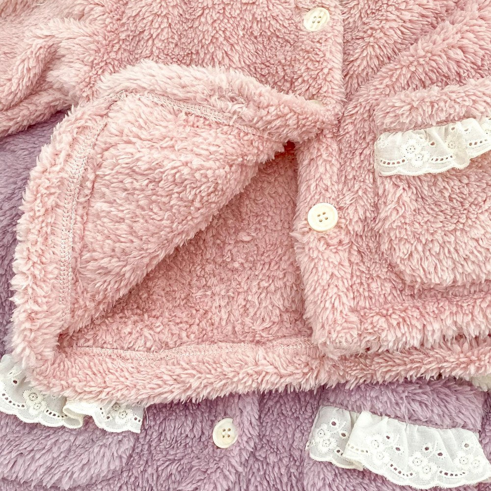 Baby Kids Girls Long Sleeves Solid Color Top and Pants 2-Piece Fluffy Warm Pajamas Clothing Sets