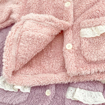 Baby Kids Girls Long Sleeves Solid Color Top and Pants 2-Piece Fluffy Warm Pajamas Clothing Sets