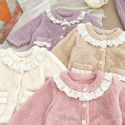 Baby Kids Girls Long Sleeves Solid Color Top and Pants 2-Piece Fluffy Warm Pajamas Clothing Sets