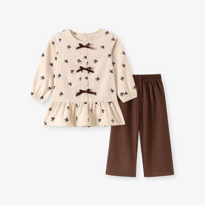 Baby Kids Girls Flowers Pattern Long Sleeves Top and Corduroy Pants 2-piece Clothing Set