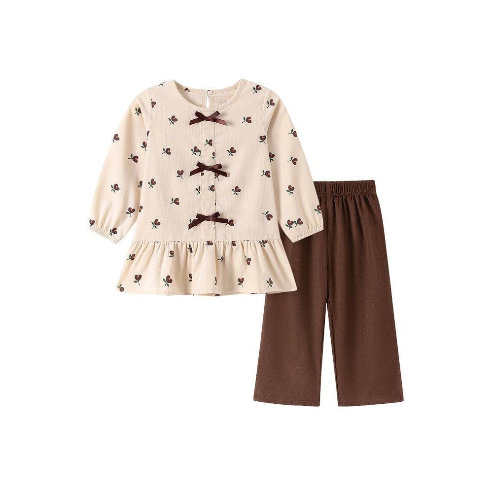 Baby Kids Girls Flowers Pattern Long Sleeves Top and Corduroy Pants 2-piece Clothing Set