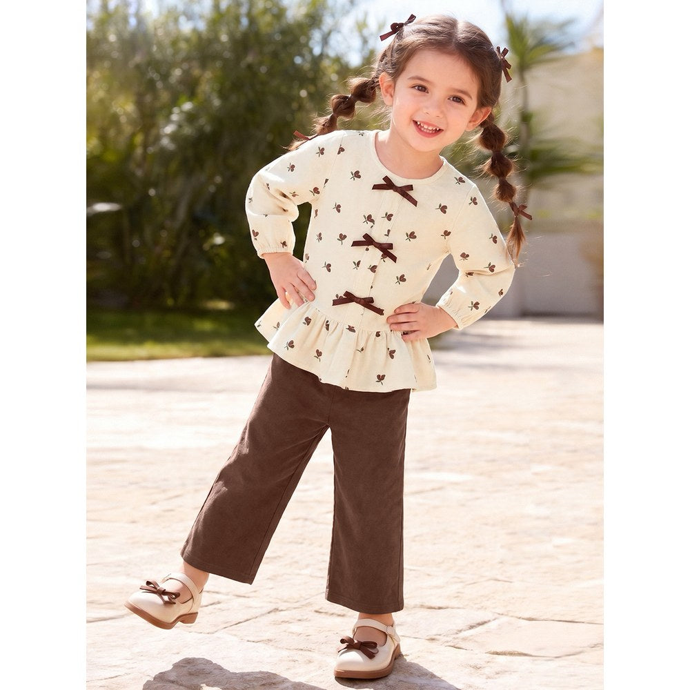 Baby Kids Girls Flowers Pattern Long Sleeves Top and Corduroy Pants 2-piece Clothing Set