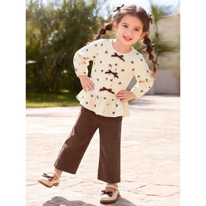 Baby Kids Girls Flowers Pattern Long Sleeves Top and Corduroy Pants 2-piece Clothing Set