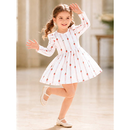 Baby Kids Girls Princess Fruits Striped Pattern Long Sleeves Crew Neck Dress