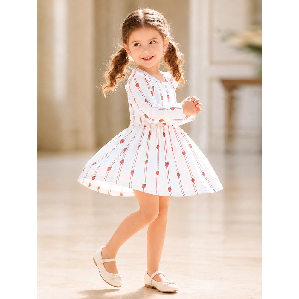 Baby Kids Girls Princess Fruits Striped Pattern Long Sleeves Crew Neck Dress