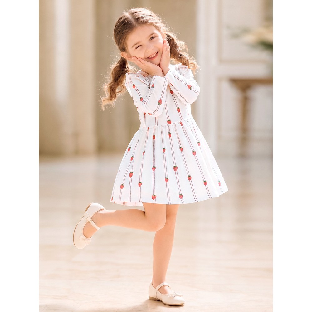 Baby Kids Girls Princess Fruits Striped Pattern Long Sleeves Crew Neck Dress