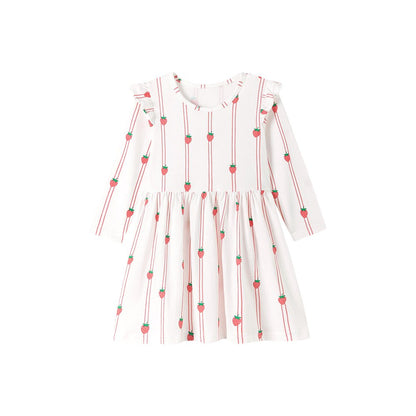 Baby Kids Girls Princess Fruits Striped Pattern Long Sleeves Crew Neck Dress