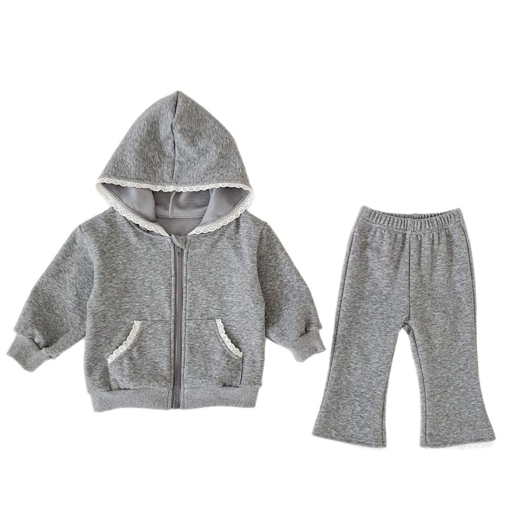 Baby Kids Girls Long Sleeves Lace Trim Coat and Pants 2-Piece Set