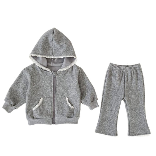 Baby Kids Girls Long Sleeves Lace Trim Coat and Pants 2-Piece Set