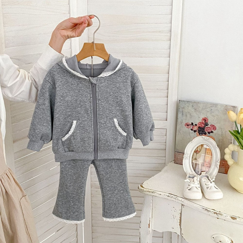 Baby Kids Girls Long Sleeves Lace Trim Coat and Pants 2-Piece Set