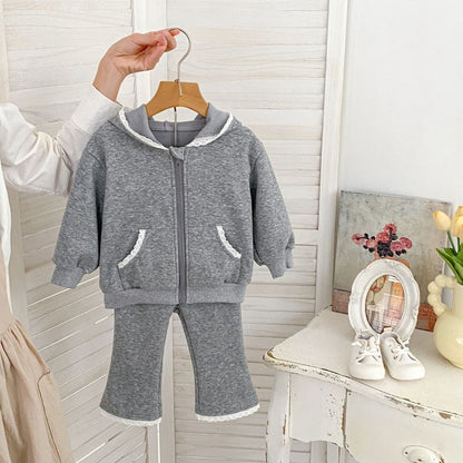 Baby Kids Girls Long Sleeves Lace Trim Coat and Pants 2-Piece Set