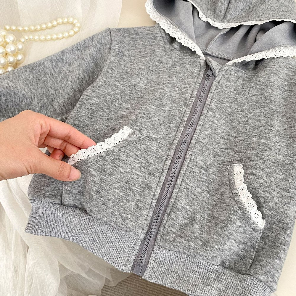 Baby Kids Girls Long Sleeves Lace Trim Coat and Pants 2-Piece Set