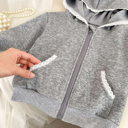 Baby Kids Girls Long Sleeves Lace Trim Coat and Pants 2-Piece Set