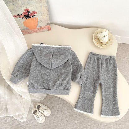 Baby Kids Girls Long Sleeves Lace Trim Coat and Pants 2-Piece Set
