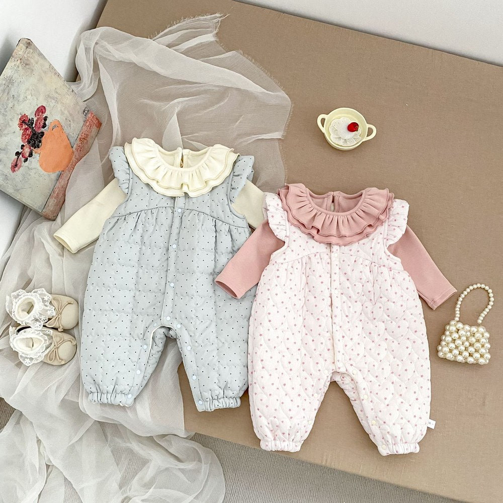 Baby Kids Girls Long Sleeves Ruffle Collar Top and Cotton-Padded Sleeveless Rompers 2-Piece Clothing Set