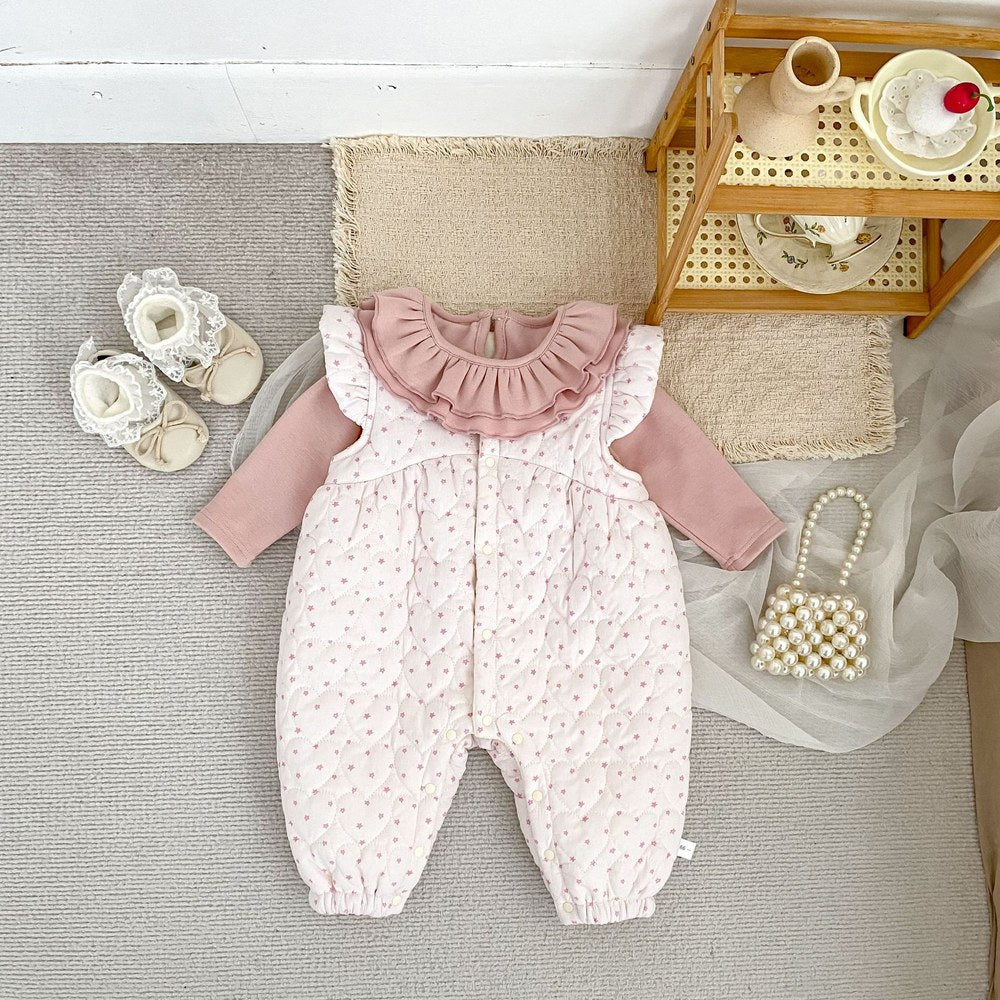 Baby Kids Girls Long Sleeves Ruffle Collar Top and Cotton-Padded Sleeveless Rompers 2-Piece Clothing Set