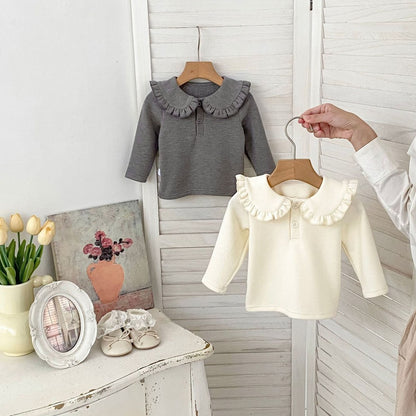 Baby Kids Girls Solid Color Turn-down Collar Long Sleeves Top